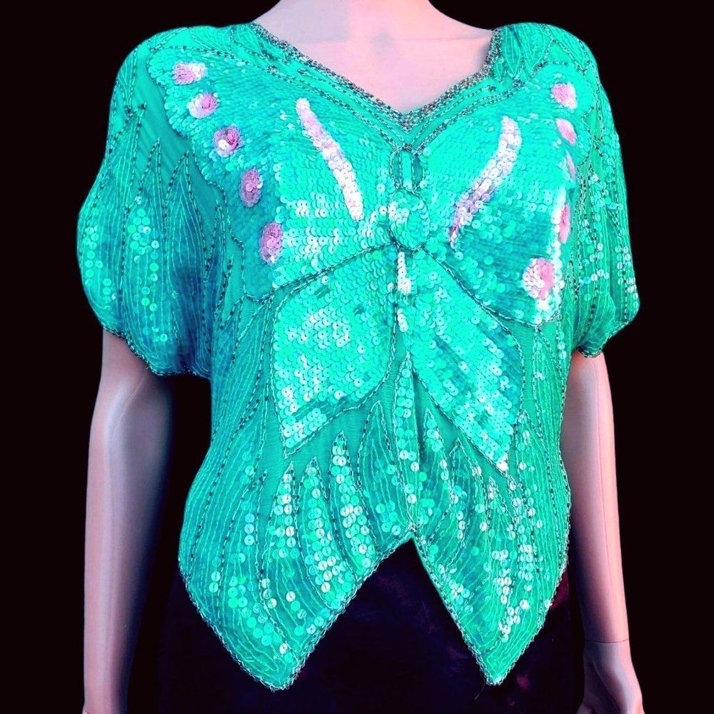 Butterfly Sequin Top Beaded 70s Disco Glam Blue Turquoise Green - Picture 1 of 10